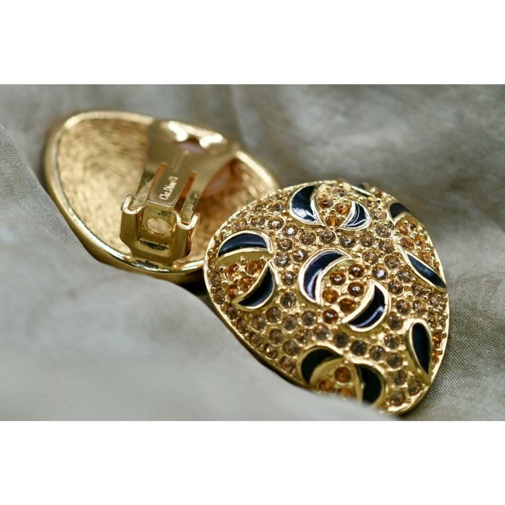 Vintage Christian Dior Black Enamel Earrings W/Rhinestones Gold Tone Authentic